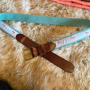 No 27 leather and canvas belt with flamingo pattern